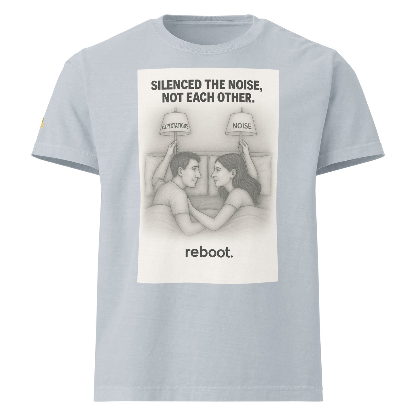 REBOOT T-Shirt — Silenced The Noise, Not Each Other (Light Washed Denim) by WEAR404