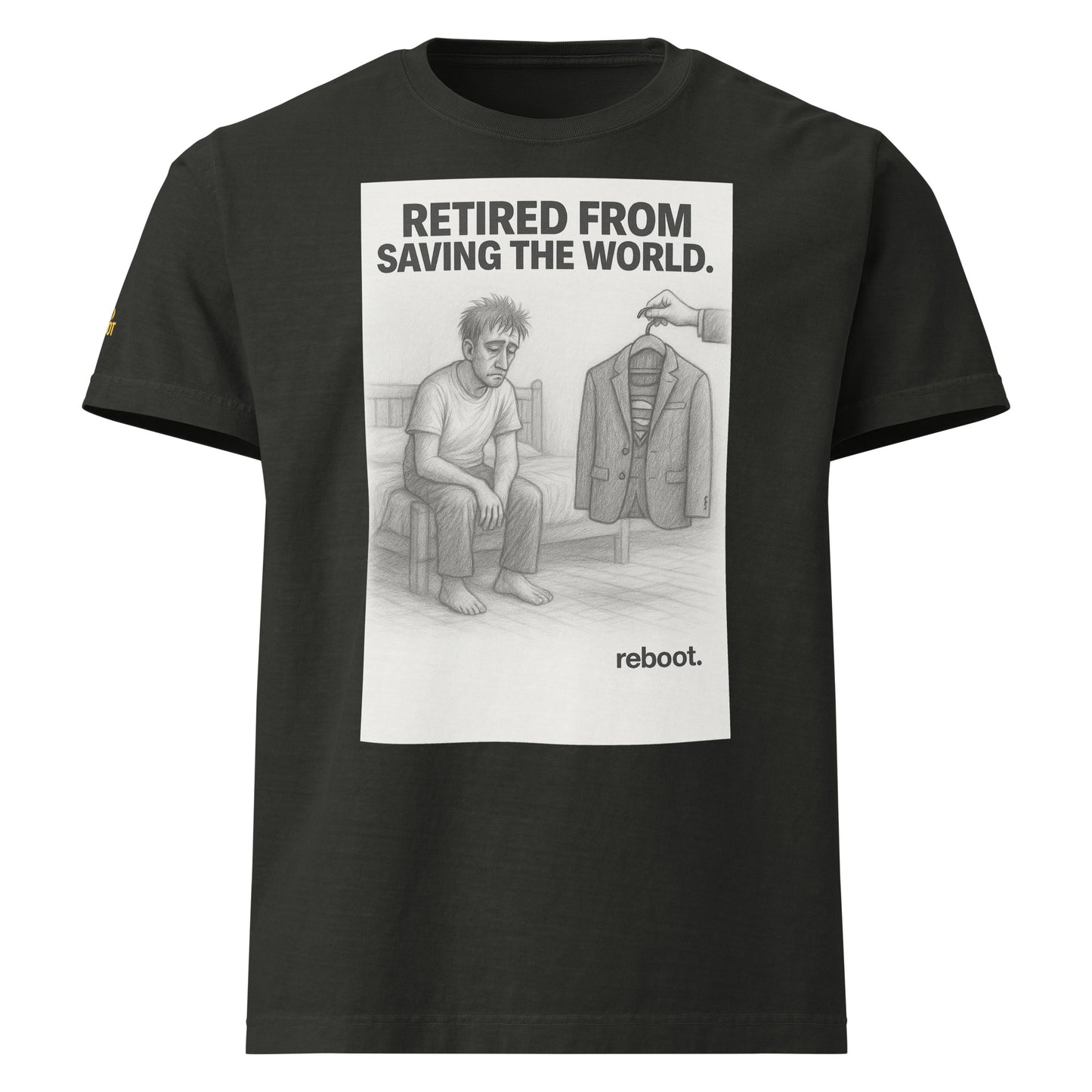 REBOOT T-Shirt — Retired From Saving The World (Washed Black) by WEAR404