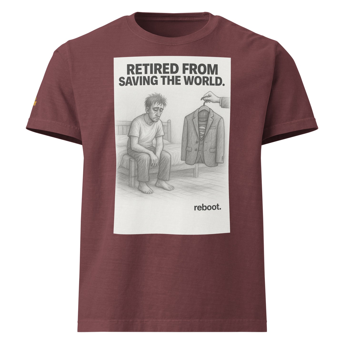 REBOOT T-Shirt — Retired From Saving The World (Washed Maroon) by WEAR404