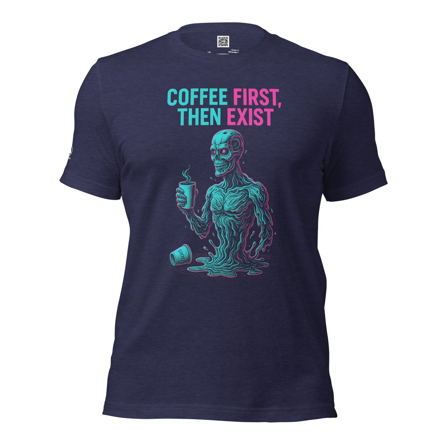 GLITCH T-Shirt — Coffee First Then Exist (Navy) by WEAR404