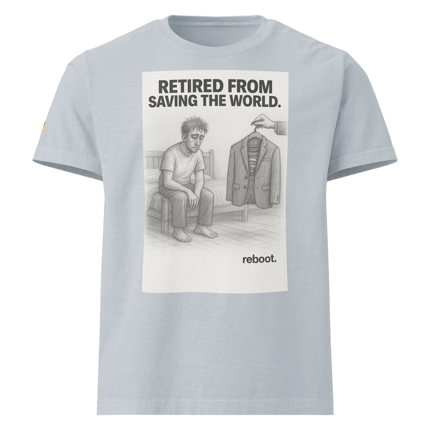 REBOOT T-Shirt — Retired From Saving The World (Light Washed Denim) by WEAR404