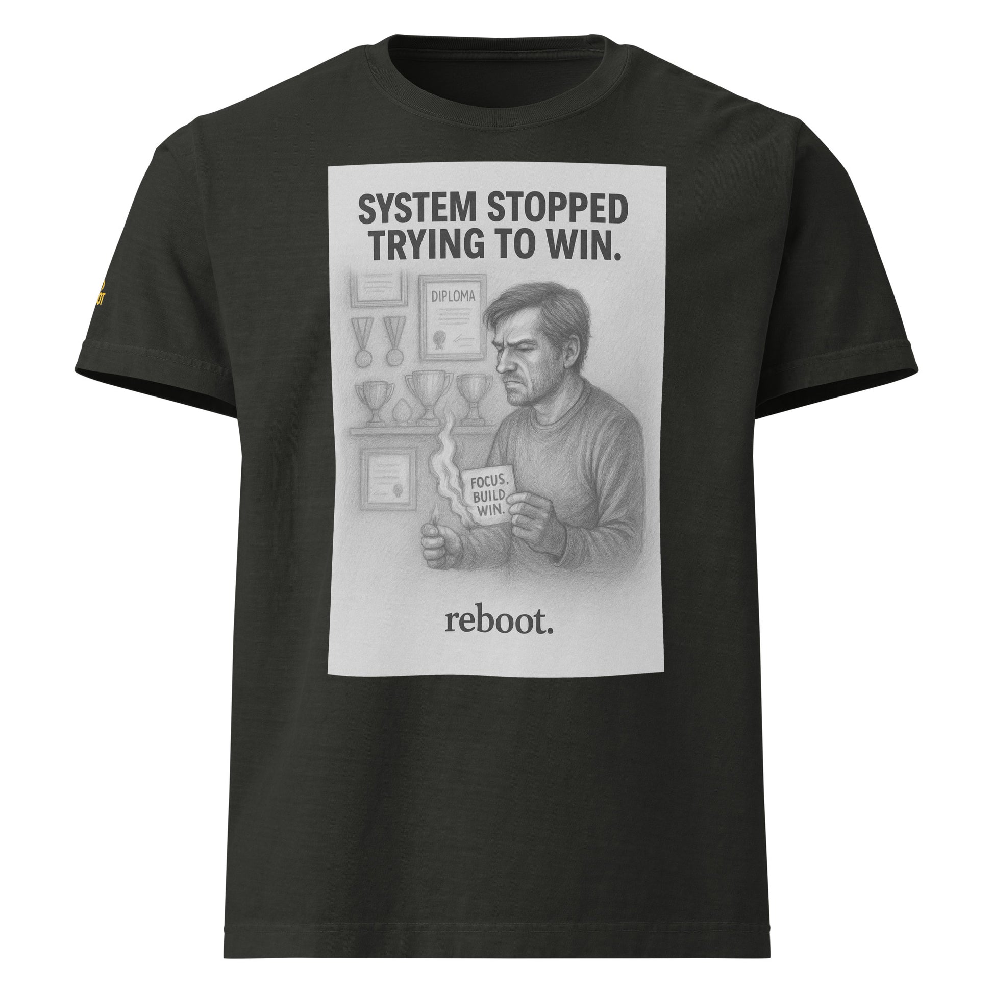 REBOOT T-Shirt — System Stopped Trying To Win  (Washed Black) by WEAR404
