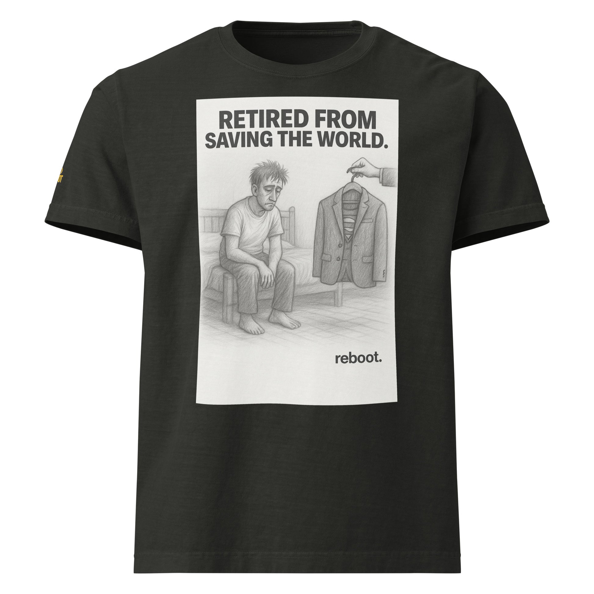 REBOOT T-Shirt — Retired From Saving The World (Washed Black) by WEAR404